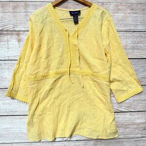 Denim & Co Women’s Yellow Embroidered Boho Peasant Tunic Top Size Large